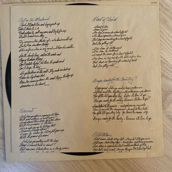 Neil Young Harvest Vinyl LP Reprise / Warner Bros Records 1972 MS 2032 Lyrics